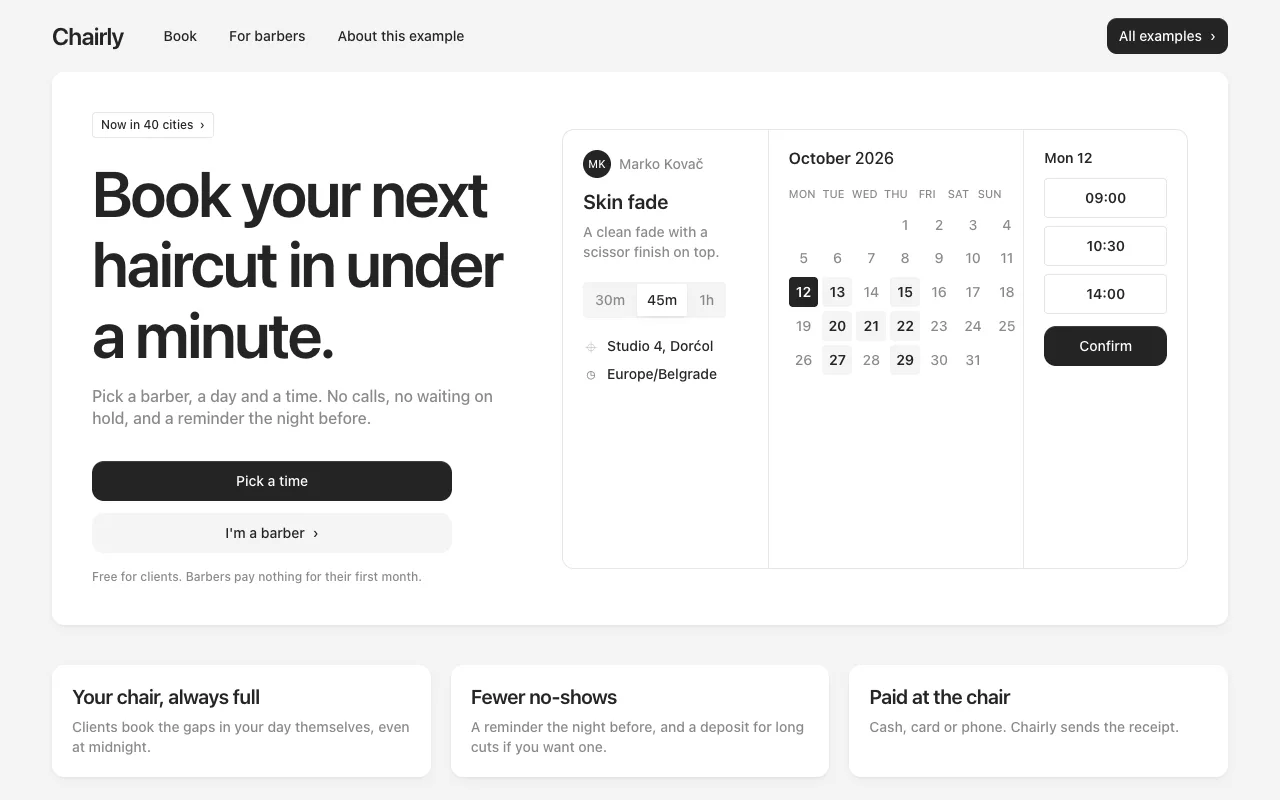 Chairly, a booking page built from Cal.com's design
