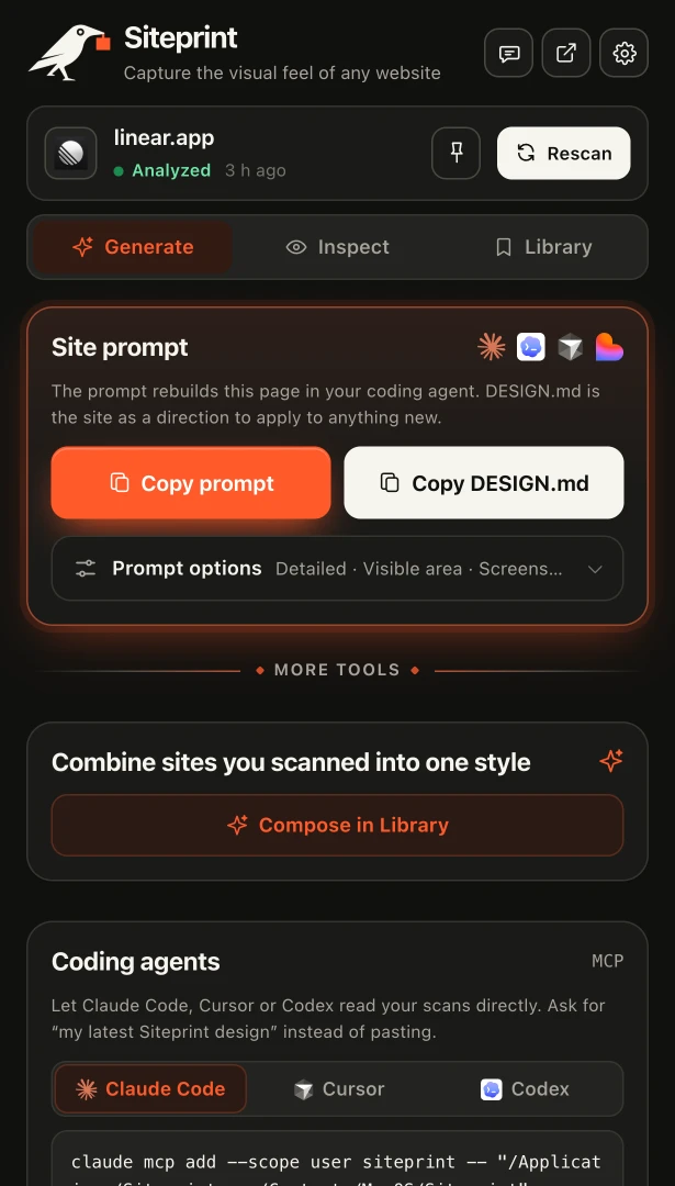 Siteprint's Generate view with Copy prompt and Copy DESIGN.md
