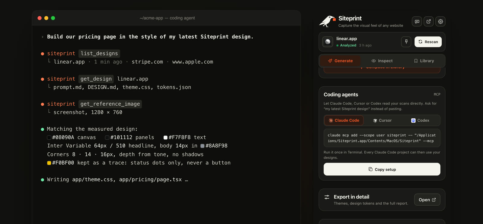 A coding agent reading a Siteprint design and building a pricing page