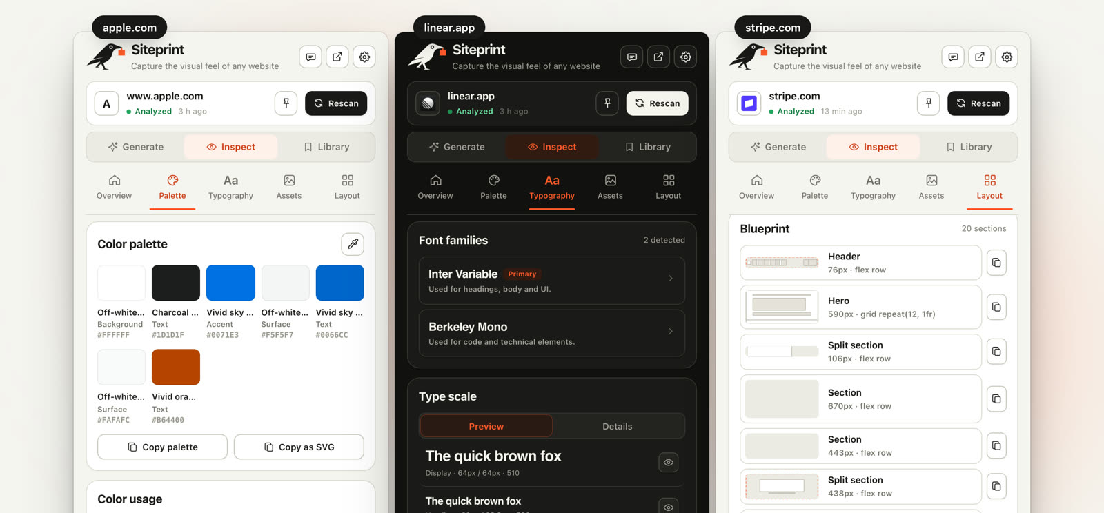 Siteprint showing a palette with roles, font families and a page blueprint